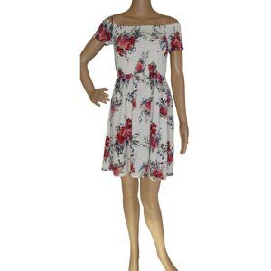 Rue21 Dress Sz Small White Milkmaid Floral Shirred Bodice Y2K Off Shoulder pink